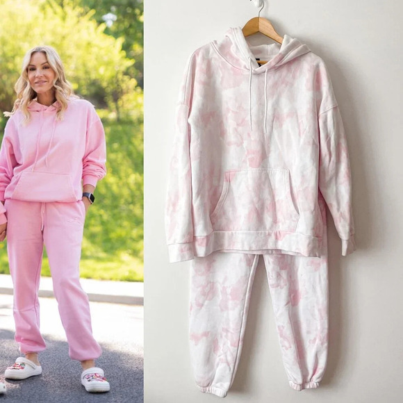 Lazypants Lounge SET Oversized Hoodie & Jogger Pink Tie Dye Watercolor Sz Medium - Picture 1 of 7
